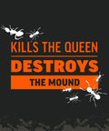 Graphic with ants and text 'Kills the Queen Destroys the Mound' promoting Fire Ant Killer Bait Granules 2 Lbs Easy Fast Acting Fire Ant Control For Mounds And Yards Dual Action Targeting Visible And Hidden Nests Attracts And Kills Ants Quickly See Fewer Ants In A Week.