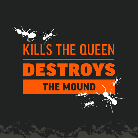 Graphic with ants and text 'Kills the Queen Destroys the Mound' promoting Fire Ant Killer Bait Granules 2 Lbs Easy Fast Acting Fire Ant Control For Mounds And Yards Dual Action Targeting Visible And Hidden Nests Attracts And Kills Ants Quickly See Fewer Ants In A Week.