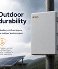 Heavy Duty 12 Volt 36 Ah SLA Power Bank With 432 Wh Storage And 100 Watt Continuous Draw waterproof enclosure mounted on a pole.