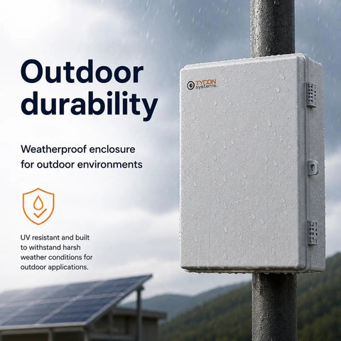 Heavy Duty 12 Volt 36 Ah SLA Power Bank With 432 Wh Storage And 100 Watt Continuous Draw waterproof enclosure mounted on a pole.