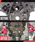 Two Piece Oil Pump Alignment Tool Kit installed on Gen V LT1 LT4 LT5 engine, shows before and after with billet aluminum guide.