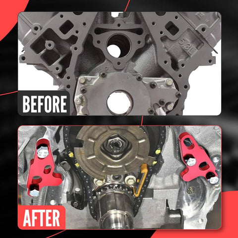 Two Piece Oil Pump Alignment Tool Kit installed on Gen V LT1 LT4 LT5 engine, shows before and after with billet aluminum guide.