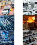 Manufacturing and technology collage featuring car assembly, medical equipment, circuit board, metal pouring, robotic assembly, and production line.