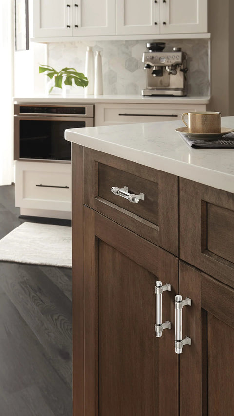 Kitchen view with Glacio Clear Satin Nickel Cabinet Pull 3 Inch Center To Center, 4-9/16 Inch Overall Length, installed on dark wood cabinets.