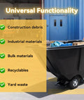 Heavy Duty Tilt Dump Truck Trash Cart With 450 LB Capacity And 1/2 Cubic Yard Steel Tub For Rough Job Sites and Warehouse Hauling Built Tough to Crush Heavy Loads Zero Sweat on the Daily Grind, shown handling various materials.