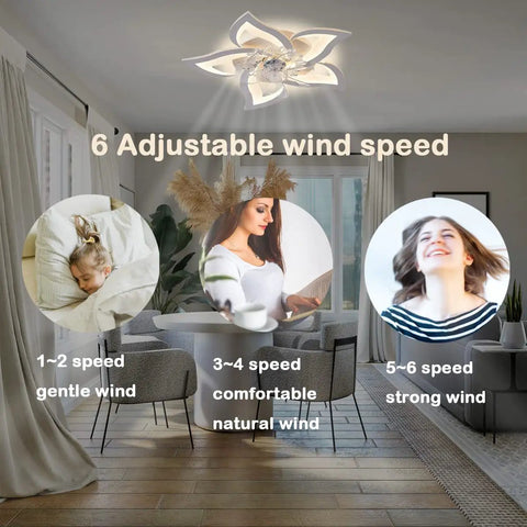 Joy Flower 25.6 Inch Modern Flush Mount Ceiling Fan With Lights Remote Control shown in cozy living room with adjustable wind speeds
