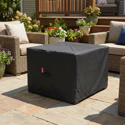 Square Fire Pit Cover Heavy Duty Tough As Nails 600D Fabric With PVC Coating All Weather Waterproof And Anti Crack installed on patio.