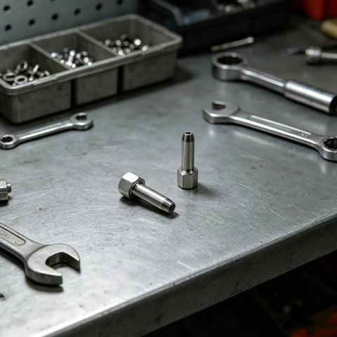 2 Pack Steel Grease Gun Fittings with Quick Hand Coupler Locking Nozzle Tip on metal workbench with tools in garage