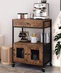 Industrial Farmhouse Coffee Bar Cart With 3 Tier On Wheels Rustic Brown Mobile Coffee Station Table in home kitchen setting