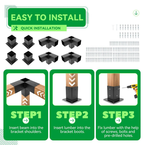 Steps to install 3-Way Right Angle Pergola Brackets Kit for 4x4 Posts, showing tools and methods for outdoor patios setup.