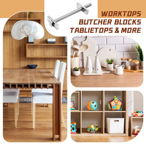 12 Pieces 1/4 X 3 1/2 Inch Countertop Miter Connector Bolts With Square Nuts For No Sweat Cabinet Installations and Rock Solid Wood Joint Fastenings That Deliver Serious Shop Grade Reliability on a kitchen table.