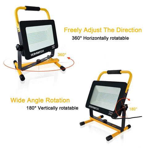 Work Light With Stand 100W 10000LM Portable Construction Flood Light With 2 Brightness Modes 50W 5000LM IP66 Waterproof