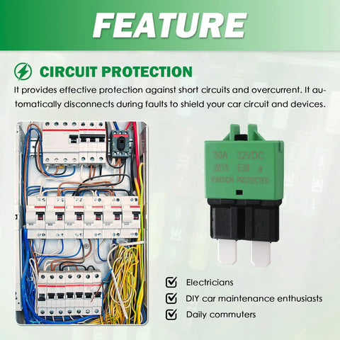 Hardcore 30A Manual Reset Fuse Mini Circuit Breaker DC 12V-32V Heavy Duty Protection visible in a wired circuit panel setup.
