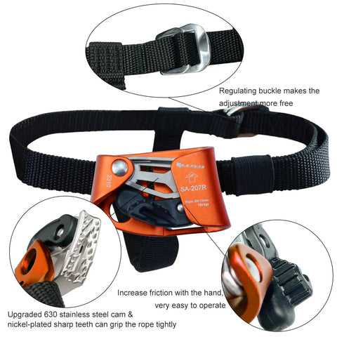 Orange upgraded foot ascender for rope 8-13mm right foot 4kN load with alloy body and regulating buckle, ideal for climbing gear