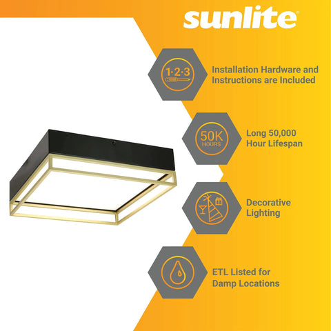 Cool 13 Inch LED Double Square Ceiling Light Fixture With Dimmable Color Temperature 3000K 4000K 5000K 1000 Lumens 20W Black and Gold