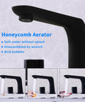 Three Piece Widespread Bathroom Faucet With 3 Holes Deck Mount Matte Black Finish, 360 Degree Swivel Spout, Dual Non Slip Handles