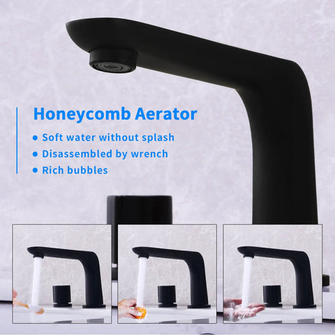 Three Piece Widespread Bathroom Faucet With 3 Holes Deck Mount Matte Black Finish, 360 Degree Swivel Spout, Dual Non Slip Handles