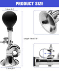 Old School Clown Horn For Kids And Bikes And Cars, showing stainless steel horn with rubber ball, size annotations