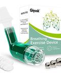 Lung Workout Breathing Compact Device with PEP Therapy for Mucus Clearance, green with accessories in front of box