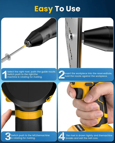 Steps for using Cordless Rivet Gun Kit 20V Max Battery Brushless Workhorse Pop Rivet Tool with Auto Feed and Quick Action