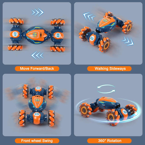 4WD Gesture Control RC Stunt Car For Kids, Hand Sensing Remote Car with Lights and Music, demonstrating motion modes.