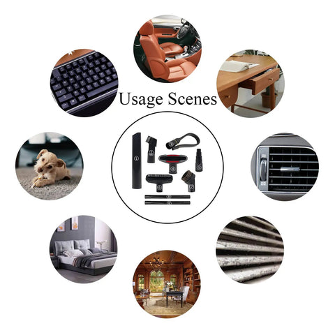 Comprehensive Vacuum Attachments Kit One And A Quarter Inch Nine Piece Set with usage scenes including cars, sofas, and vents.
