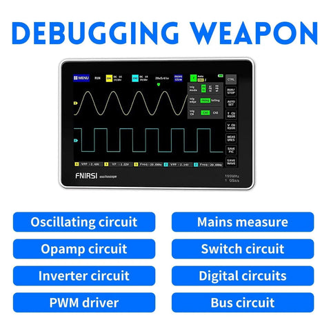 Front view of Upgraded 1013D Plus 100X Probe Portable Digital Oscilloscope displaying waveforms on 7 inch TFT touch screen