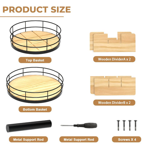 Components of Two-Tier Lazy Susan Snack Organizer With Grab-and-Go Design, Wood And Metal Snack Holder for assembly