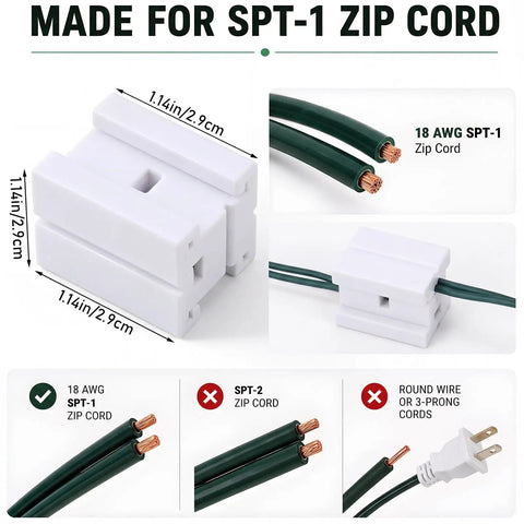 Badass 50 Pack Of Spt-1 Vampire Plugs For Christmas Light Wire Connectors And Diy Splice Cords Indoors Or Outdoors Powers Up String Lights With Zero Hassle In Bright White with SPT-1 zip cord connector.