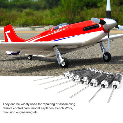 Pro RC Hex Driver Set 7Pc Hex Allen Screwdriver Kit displayed in front of a red model airplane with hex bits shown