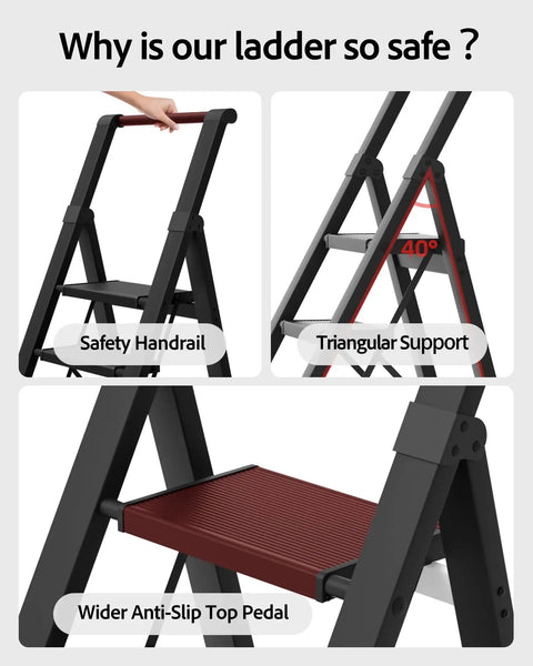 Five Step Aluminum Ladder Foldable Step Stool For Home And Garage Lightweight Under 10 Pounds Space Saving Grab And Go Convenience Stable Heavy Duty Build Open Height 45.6 Inches Folds Down To 2.17 Inches For Easy Storage, safety handrail and anti-slip top pedal