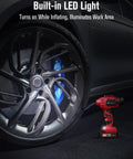 Cordless Tire Inflator Portable Air Compressor With Digital Pressure Gauge, 20V Battery Powered Car Pump shown illuminating tire