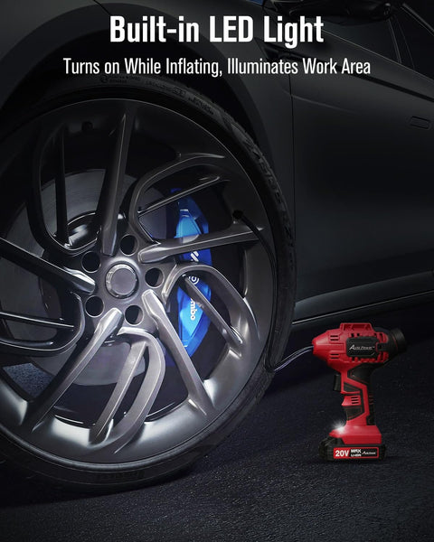 Cordless Tire Inflator Portable Air Compressor With Digital Pressure Gauge, 20V Battery Powered Car Pump shown illuminating tire