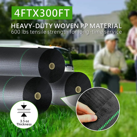 Heavy Duty 4ft By 300ft Weed Barrier Landscape Fabric Ground Cover 3.5oz Woven Polypropylene Geotextile Weed Blocker Commercial Grade Underlayment For Construction Projects 1200 Sq Ft Coverage, roll view with outdoor background