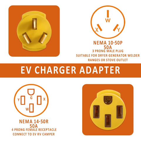Image of No Fuss Plug And Play Nema 10-50P To 14-50R Adapter Connector for 50 Amp RV EV Charger with 3 Pin Male and 4 Prong Female.