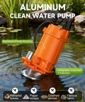 1HP Submersible Drain Pump with Float Switch aluminum sump pump for basement flooding, shown in pond with clear labeling.