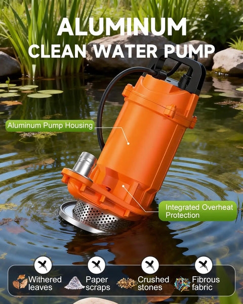 1HP Submersible Drain Pump with Float Switch aluminum sump pump for basement flooding, shown in pond with clear labeling.