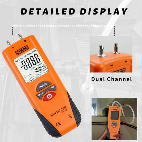Digital Manometer For Air And Gas Pressure Testing With Dual Port Differential Gauge, 11 Units, Pro Grade Accuracy To 0.001 Psi