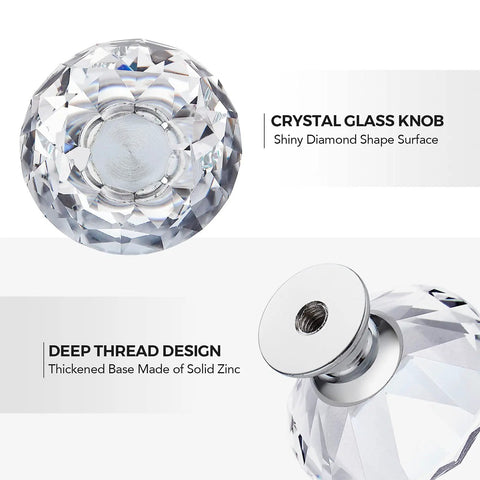 Crystal Glass Drawer Knobs 25 Pack Diamond Shaped 30mm with Silver Base, top view and zinc base detail for cabinets and furniture.