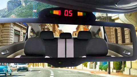Four Sensor Car Reverse Parking Radar System with LED display showing distance in a rear-view mirror for safer backing up