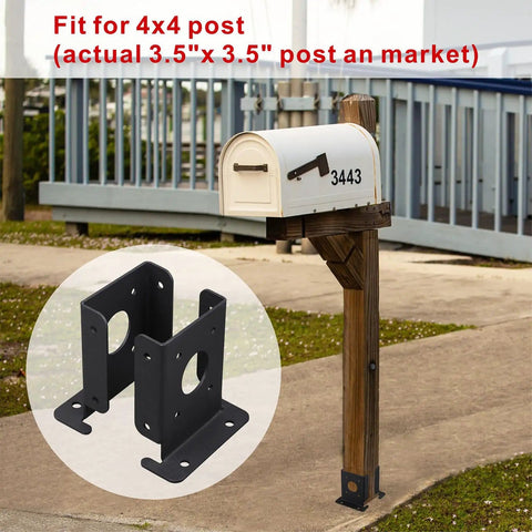 Mailbox installed on wood post with nearby image of 8 Pcs Adjustable Wood Fence Pergola Post Base Brackets Kit Fit 4x4 Posts Actual 3.5x3.5 Inches Black Heavy Duty Post Anchor Base Brackets For Deck Railing.
