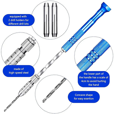 Premium 46 Piece Pin Vise Hand Drill Set With 45 Mini Twist Drill Bits Ranging From 0.3 To 3 Mm features blue handle and steel drill bits.