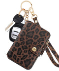 Streamlined Rfid Blocking Keychain Wallet With Genuine Leather Wrist Strap securely stashes credit cards, ID, keys, and features a leopard print design.