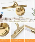 Cordless Picture Light For Wall Mount, 12 inch brass, dimmable art lighting with remote, battery powered wall sconce features.