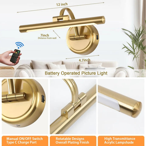 Cordless Picture Light For Wall Mount, 12 inch brass, dimmable art lighting with remote, battery powered wall sconce features.