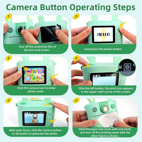 Kids Instant Print Camera 1080P HD With Three Print Rolls And 32GB Card Portable Travel Toy for kids, mint green, button steps guide