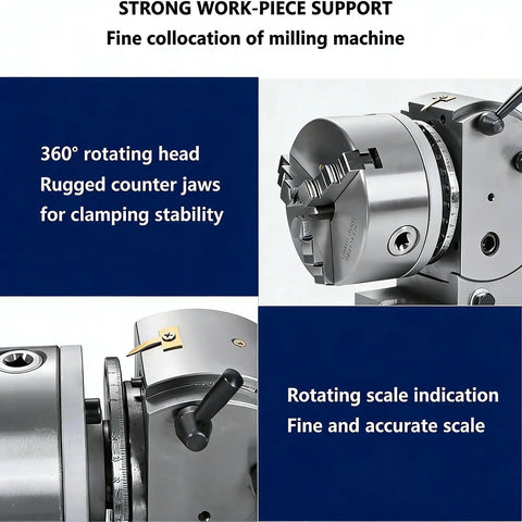 Top Shelf Universal Dividing Head For Milling Machines showing rugged 3 jaw chuck, rotating head, and scale indication for precision use.