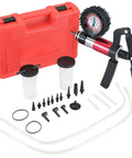 Red carrying case DASBET 21-piece handheld vacuum/pressure brake bleeder kit with gauge and adapters.