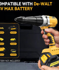 Powerhouse Cordless Brushless Rivet Gun Plays Nicely With Dewalt 20V Batteries, showing ergonomic handle and rivet tip.