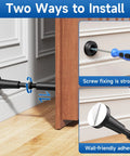 Installation options for Built Like A Tank Adjustable Spring Door Stopper With Non Slip Silicone Pad, showing screw and adhesive methods.